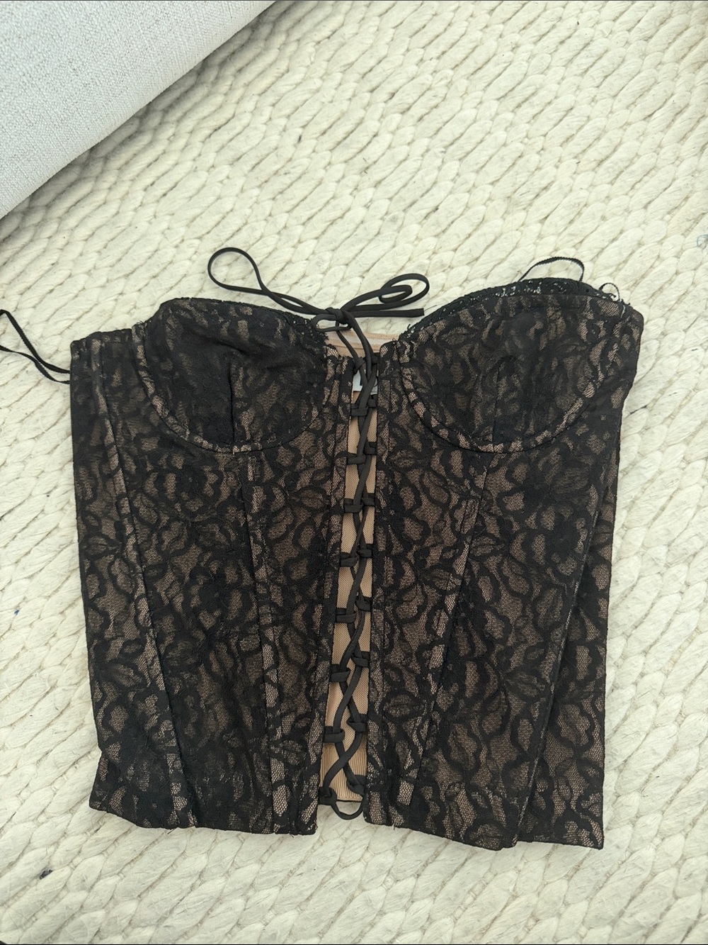 Black Lace Corset-Style Camisole with Nude Lining